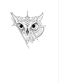 an owl with large eyes and wings on it's head is drawn in black ink