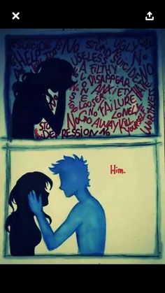 two pictures with graffiti on the wall and one has a woman kissing another man's head