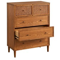 a wooden dresser with two drawers and wicker baskets on the bottom drawer, against a white background