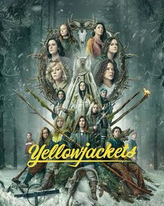 the movie poster for yellowjackets with many people standing in front of it and surrounded by antlers