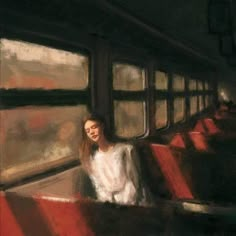 a painting of a woman sitting on a train