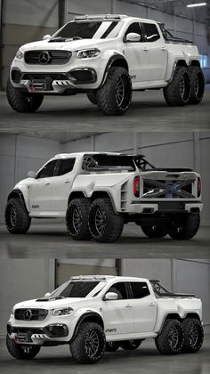 four different views of the mercedes benz pickup truck in three different stages, including front and rear wheel drive