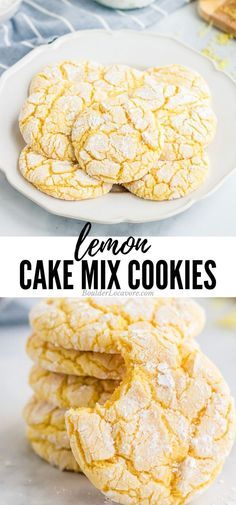 lemon cake mix cookies stacked on top of each other with the title in the middle