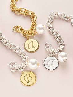 Sorority Gal Cotton Pearl Initial Bracelet – John Wind Maximal Art Mother Of The Bride Jewelry, Initial Bracelet Silver, Initial Bracelet Gold, Sorority Jewelry, Custom Charm Bracelet, Selling Design, Custom Charms, Gold Gifts, Initial Bracelet