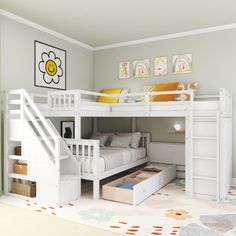 there is a bunk bed with stairs in the room that has drawers under it, and a storage drawer underneath