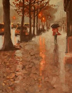 a painting of a person walking in the rain with an umbrella