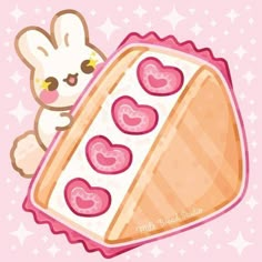 a cartoon bunny is holding a piece of bread with heart shaped toppings on it