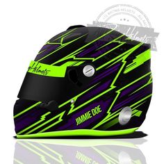 the helmet is designed to look like it has neon green and black stripes on it