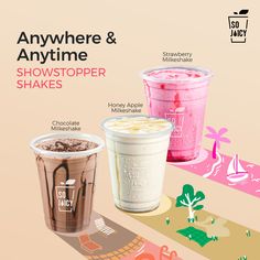 three different types of ice creams and shakes are shown in this advertment