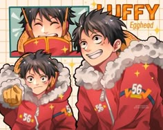 two anime characters wearing red and yellow jackets with white fur on their shoulders, one is looking at the camera