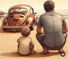 a father and son sitting on the beach looking at an old vw bug