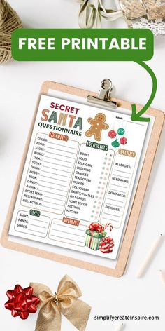 a printable secret santa quiz game on a clipboard next to some christmas decorations