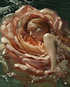 a woman is floating in the water with a rose