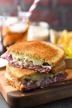 a close up of a sandwich on a cutting board