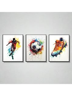 three pictures of soccer players with watercolor splatters on them, one is kicking the ball