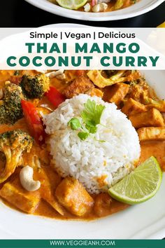 two plates filled with different types of food and the words simple vegan delicious thai mango coconut curry