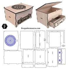 an open and closed box with the lid opened, showing different parts in each section