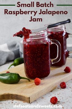 small batch raspberry jalapeno jam on a cutting board