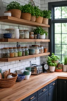 the kitchen counter is full of spices, herbs and other cooking utensils on wooden shelves