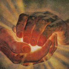 two hands reaching towards each other with the light coming from them in the middle of the image