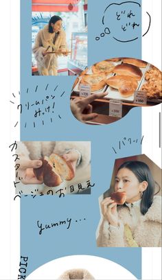 a collage of photos with food and words written in different languages, including an image of a woman eating bread