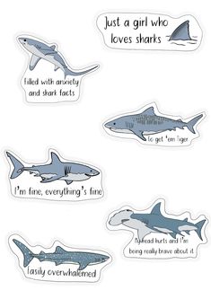 shark stickers that say, just a girl who loves sharks i'm fine, everything's fine