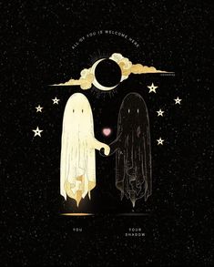 two ghost standing next to each other in front of stars and the moon above them