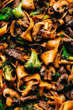 pasta with beef, broccoli and mushrooms in sauce