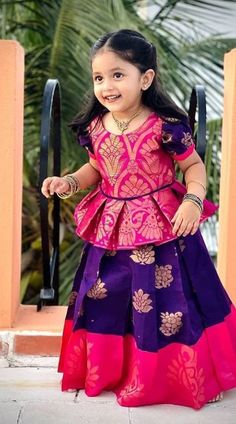 Saree Frock Dresses For Kids, Pattu Frocks For Kids, Baby Girl Pattu Langa Designs, Kids Saree, Traditional Baby Dresses, Pattu Pavadai Designs, Indian Dresses For Kids, Pattu Dress