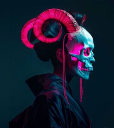 a woman with neon makeup and horns on her head