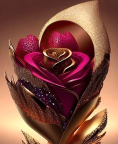 a heart shaped flower with gold and pink petals