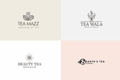 four different logos for tea mazz, including one with an image of a flower and the