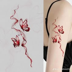 two pictures one with red ink and the other with black ink on it, both showing butterflies