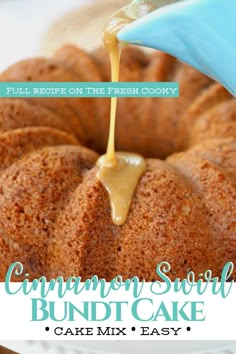 a bundt cake is being drizzled with caramel sauce