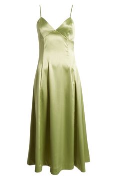 Glossy satin provides a graceful drape to this party-ready dress rendered in a fresh and verdant hue. 41" center front length (size Medium) Sweetheart neck Spaghetti straps 98% polyester, 2% elastane Dry clean Imported Elegant Green A-line Satin Dress, Elegant Green A-line Evening Dress, Green Satin A-line Dress, Green Evening Dress With Bias Cut, Green Bias Cut Evening Dress, Summer Green Evening Dress With Ruched Bodice, Spring Green Evening Dress With Sweetheart Neckline, Green Evening Dress With Pleated Fitted Bodice, Green Evening Dress With Pleated Bodice