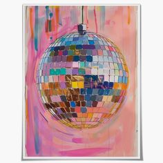 a painting of a disco ball on a pink background