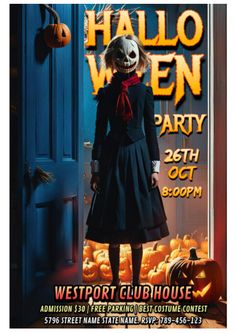 a poster for a halloween party with a girl in a dress