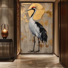 a large painting with a bird standing in front of it