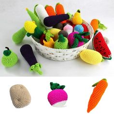 crocheted fruits and vegetables sitting in a basket next to each other on a white surface