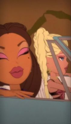 an animated image of two women looking out the window at another woman with her eyes closed