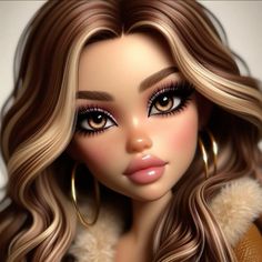 a close up of a doll with blonde hair and big hoop earrings on her face