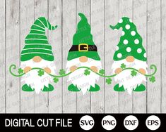 three gnomes with green hats and white beards on wooden planks, digital cut file