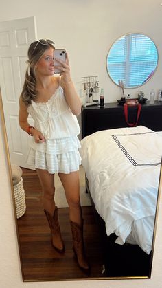 dress inspo, girly, cowgirl boots, summer fit Cowgirl Boots Summer, Cowgirl Boots Outfit Summer, Girly Cowgirl, Summer Boots Outfit, Cowgirl Boots Outfit, Dress Inspo, Summer Fits, School Outfit