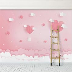 a ladder is standing in front of a pink wall with hearts and clouds on it