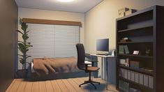 a room with a bed, desk and bookshelf is shown in this image