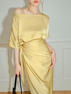 Classic Evening Dress, Yellow Wrap Dress, Midi Evening Dress, Summer Luxury, Dress Office, Dress Women Elegant, Tie Design, Twist Knot, Urban Dresses