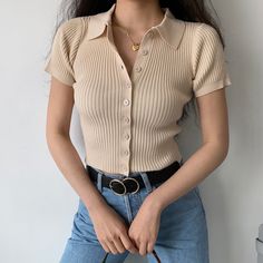 Button yourself into this chic ribbed polo top! Featuring centre front buttons. collar lapels & made from a soft ribbed knit fabric. Pair with vintage jeans or a brown skirt & your fave sneakers for a look we love! Available in Brown and Beige.Details: 50% Viscose / 30% Polyester / 20% Nylon Cold Hand Wash / Warm Iron On Reverse Handmade pieces will take 2-4 weeks to dispatch Available in Brown and Beige. Size / Fit: Runs true to size Model wears a Small Model Info: Chest 82 cm Waist 65 cm Hips Sweatshirt Women Casual, Ladies Short Jackets, Streetwear Jackets, Long Sleeve Wrap Top, Shiny Pants, Bodycon Dresses Casual, Fitted Coat, Brown Skirt, Brown And Beige