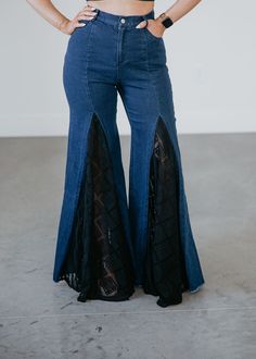 Featuring a stunning mix media lace detail, these jeans are the perfect balance of feminine and edgy style. The wide-leg cut adds a touch of effortless sophistication to any outfit. Laurie and Brittany are wearing a size small. Measurements: Rise: 13" | Inseam: 33" Small: Waist: 28" Medium: Waist: 29" Large: Waist: 32" Self: 75% Cotton 22% Polyester 3% Spandex Contrast: 100% Polyester Visible Mending Jeans Inner Thigh, Diy Bell Bottom Jeans, Denim Diy Clothes, Lace Jeans, Ageless Beauty, Edgy Style, Easy Trendy Outfits, Jeans Diy, Denim And Lace