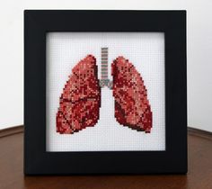 there is a cross stitch picture of a lungs in the frame on top of a table