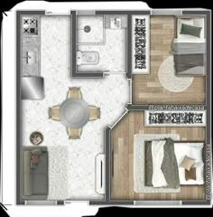 an overhead view of a bedroom and living room in a small apartment with wood flooring